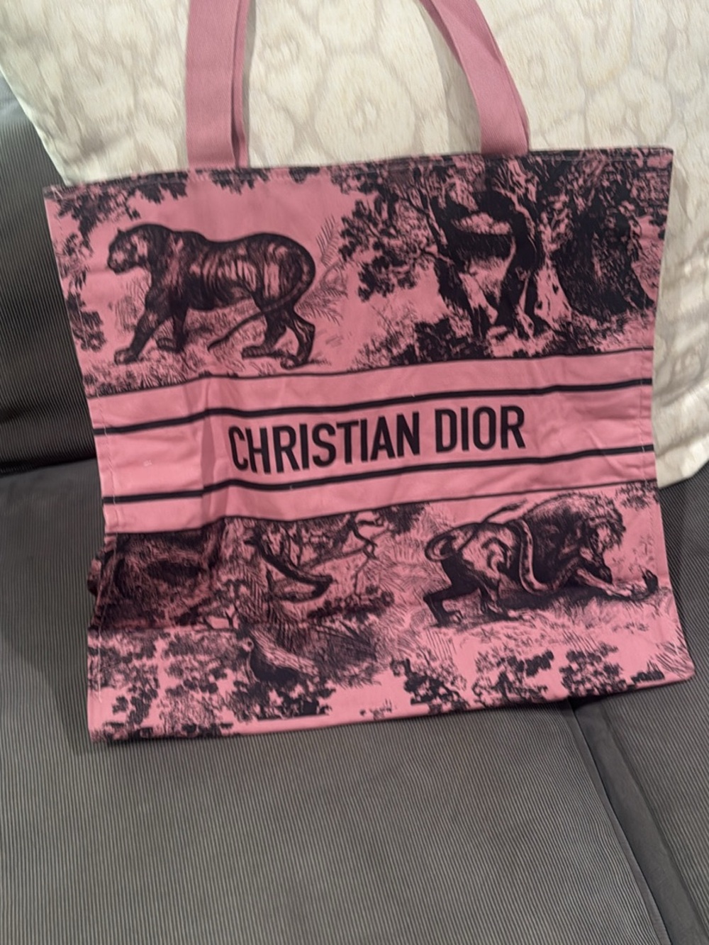 Dior Pink Toile de Jouy Canvas Tote with Black Print